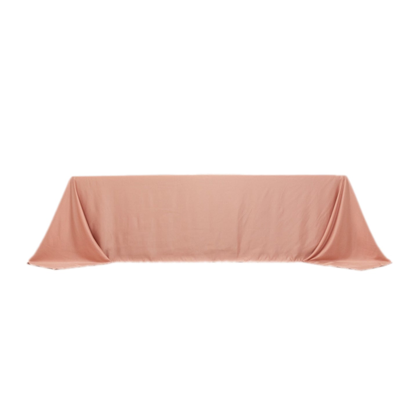 Dusty rose satin tablecloth for 8-foot table with floor-length drop.