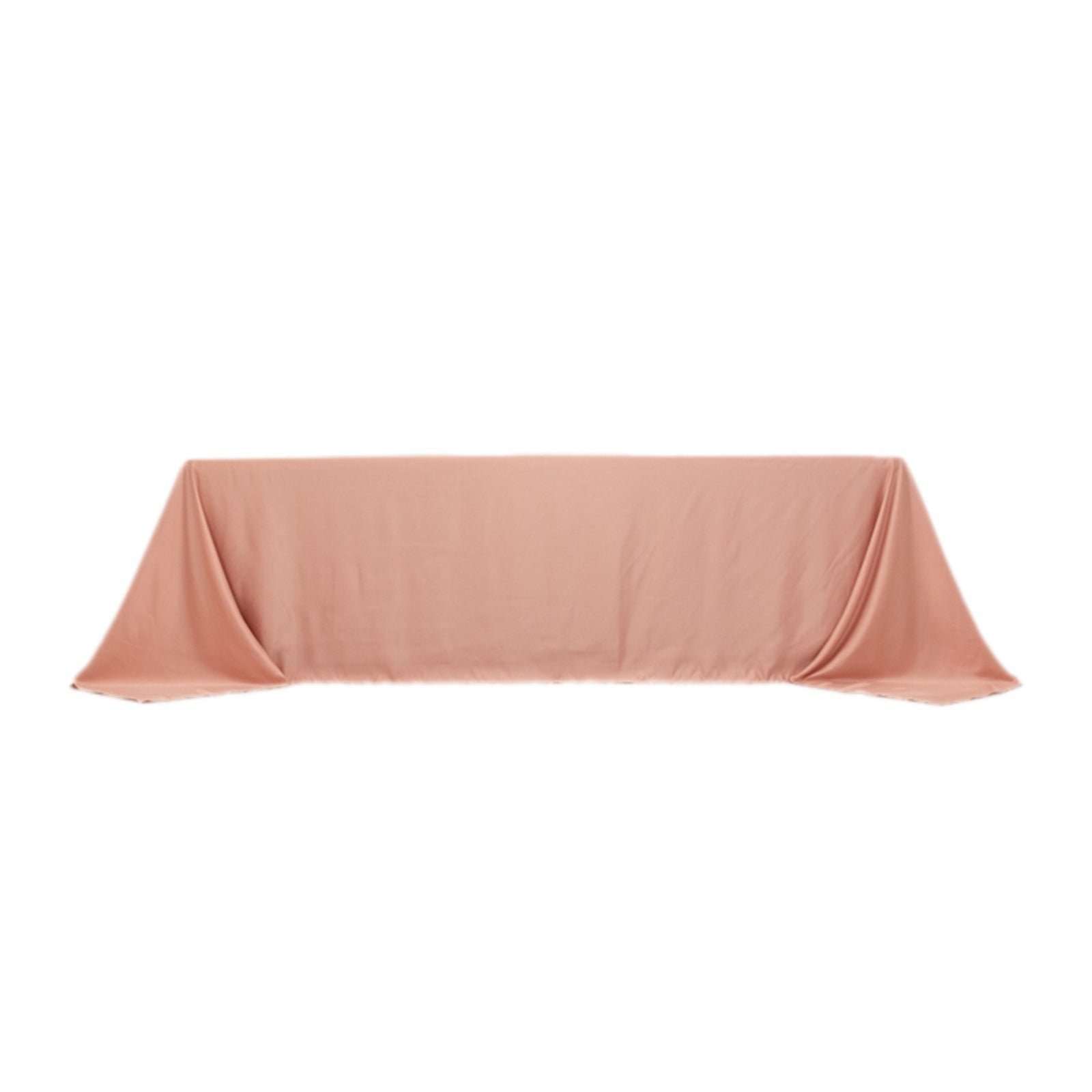 Dusty rose satin tablecloth for 8-foot table with floor-length drop.