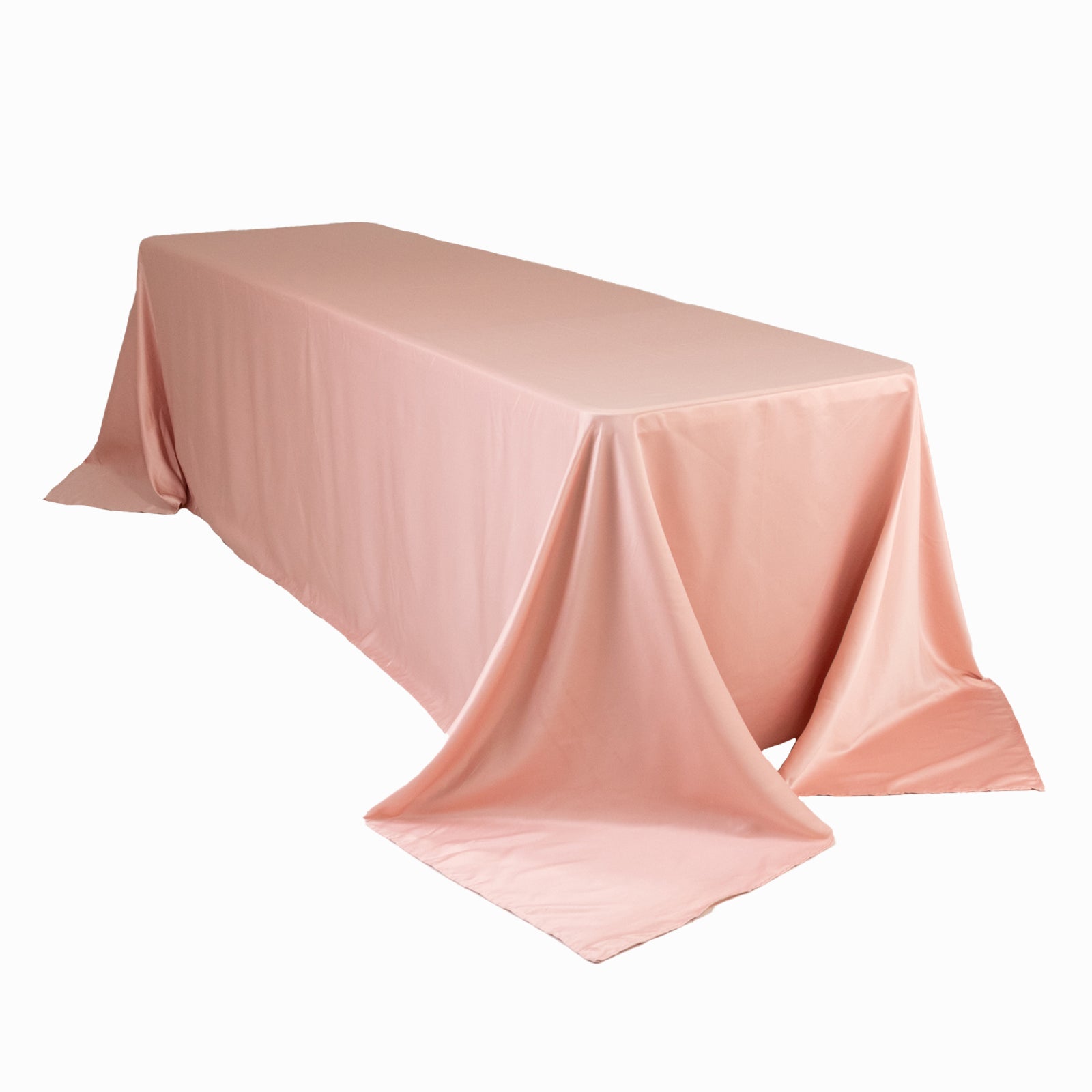 Dusty rose satin tablecloth for 8-foot table with floor-length drop.