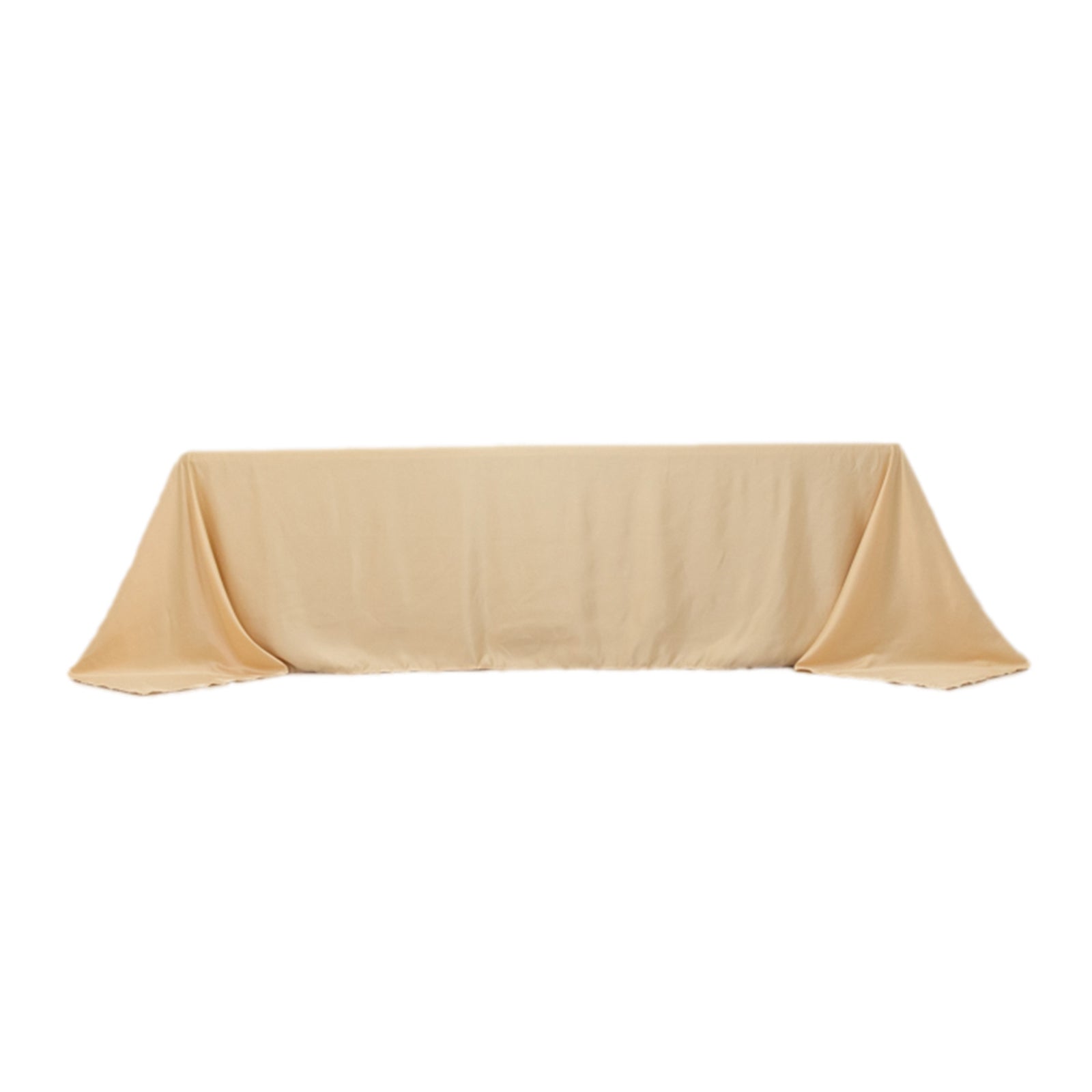 Beige seamless satin tablecloth for 8-foot table with floor-length drop.