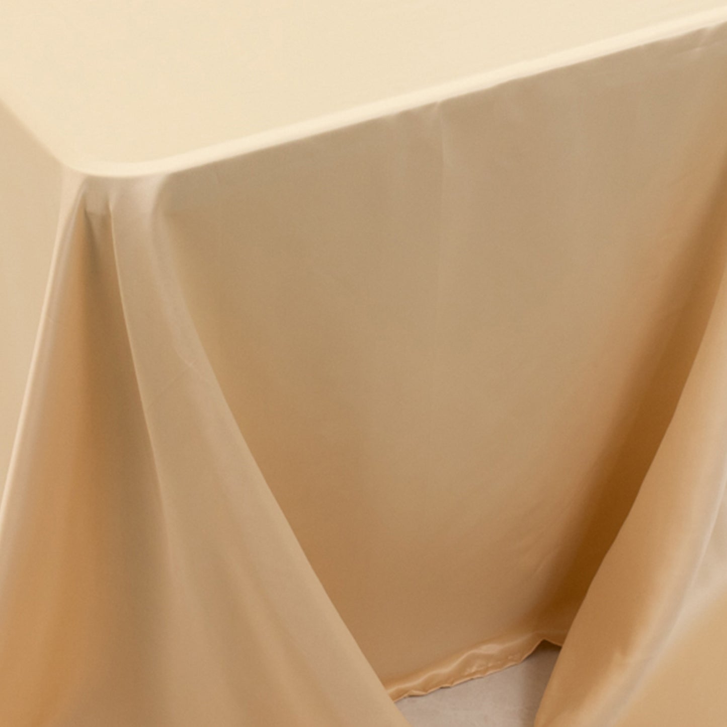 Beige seamless satin tablecloth for 8-foot table with floor-length drop