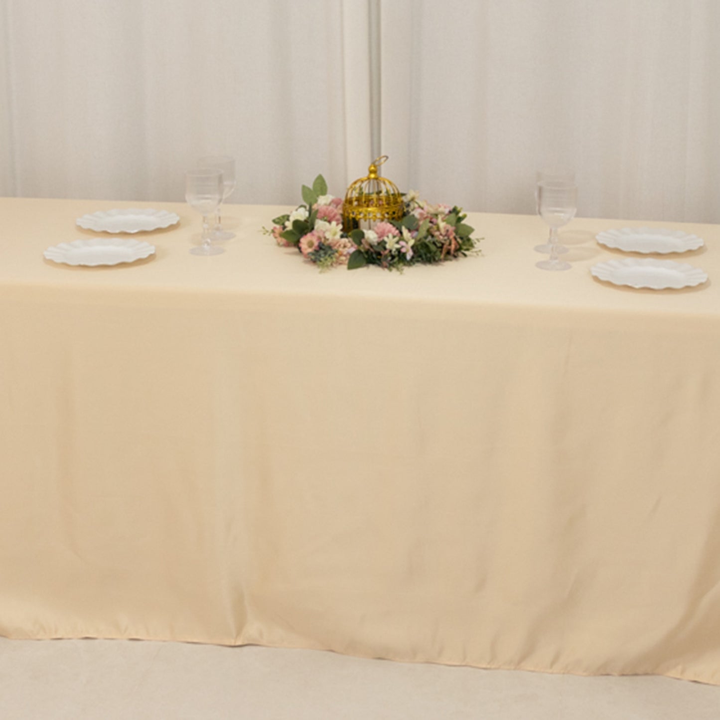 Beige seamless satin tablecloth for 8-foot table with floor-length drop.