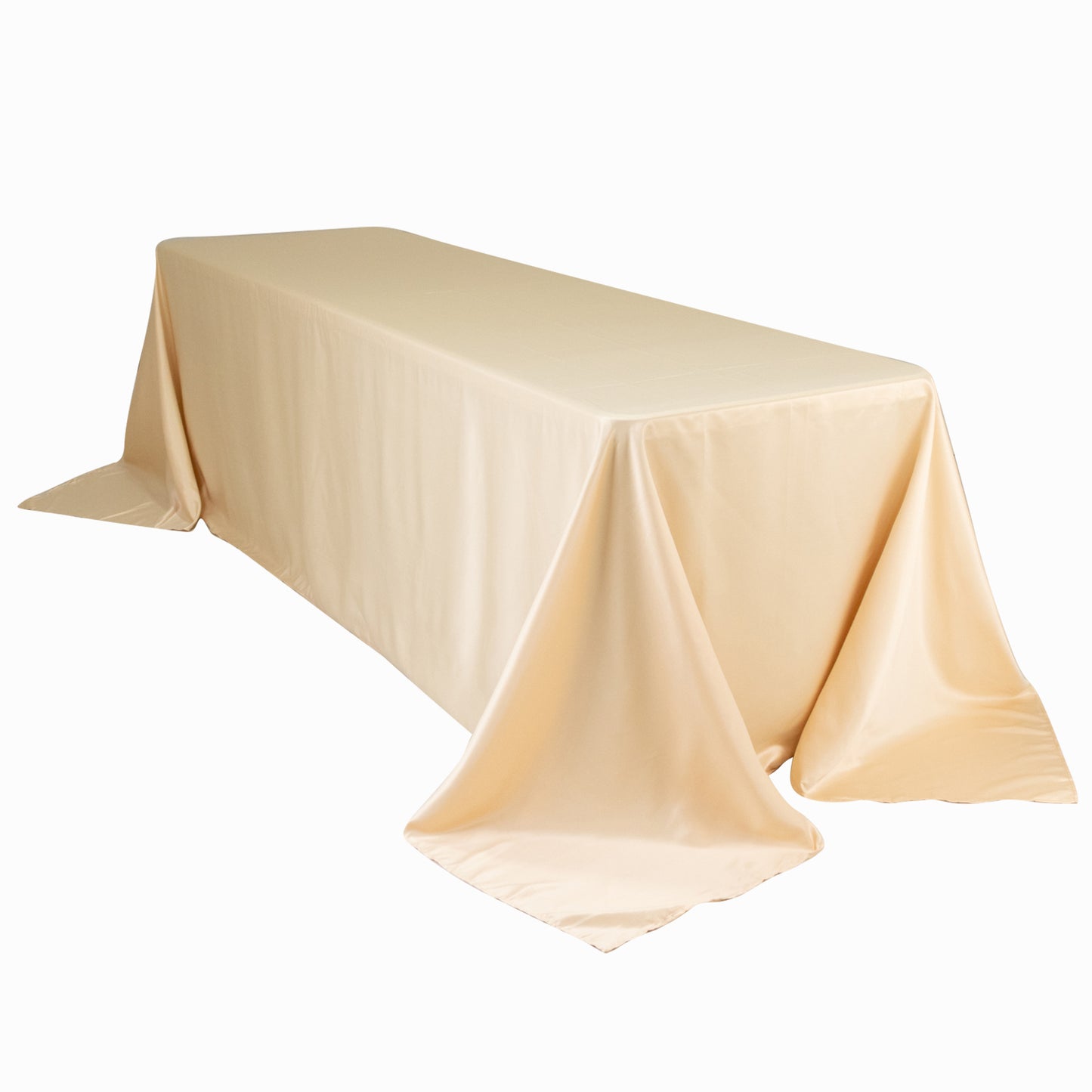 Beige seamless satin tablecloth for 8-foot table with floor-length drop.