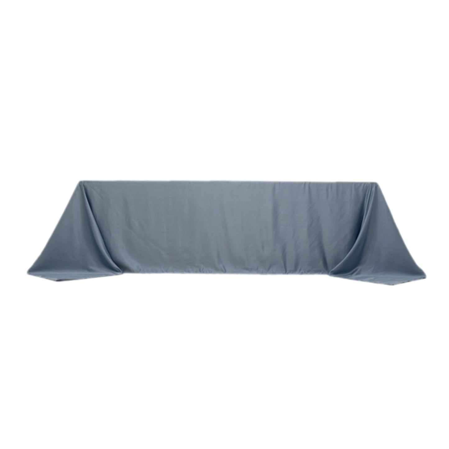 Dusty blue rectangular satin tablecloth for 8-foot table.