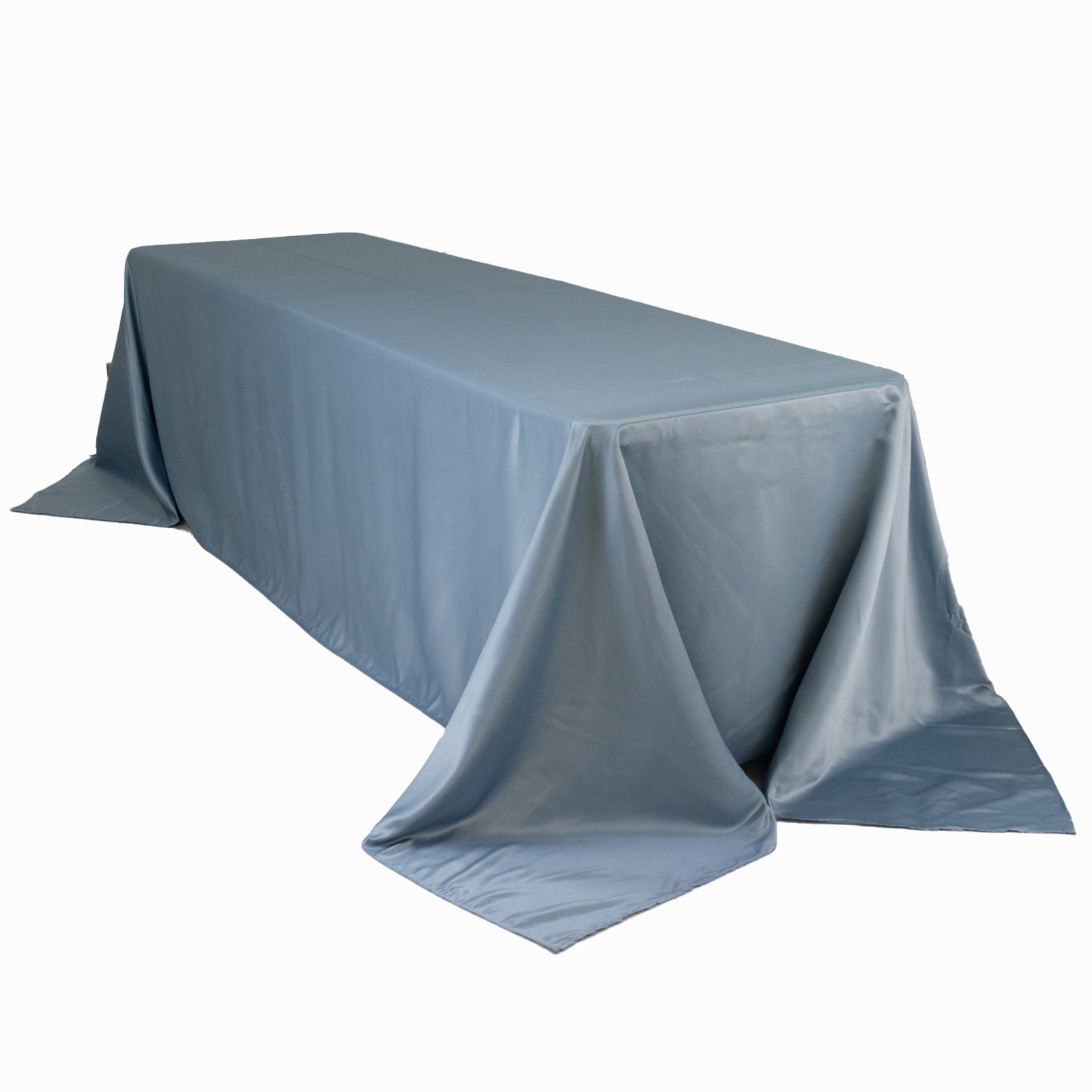 Dusty blue satin rectangle tablecloth for 8-foot table.