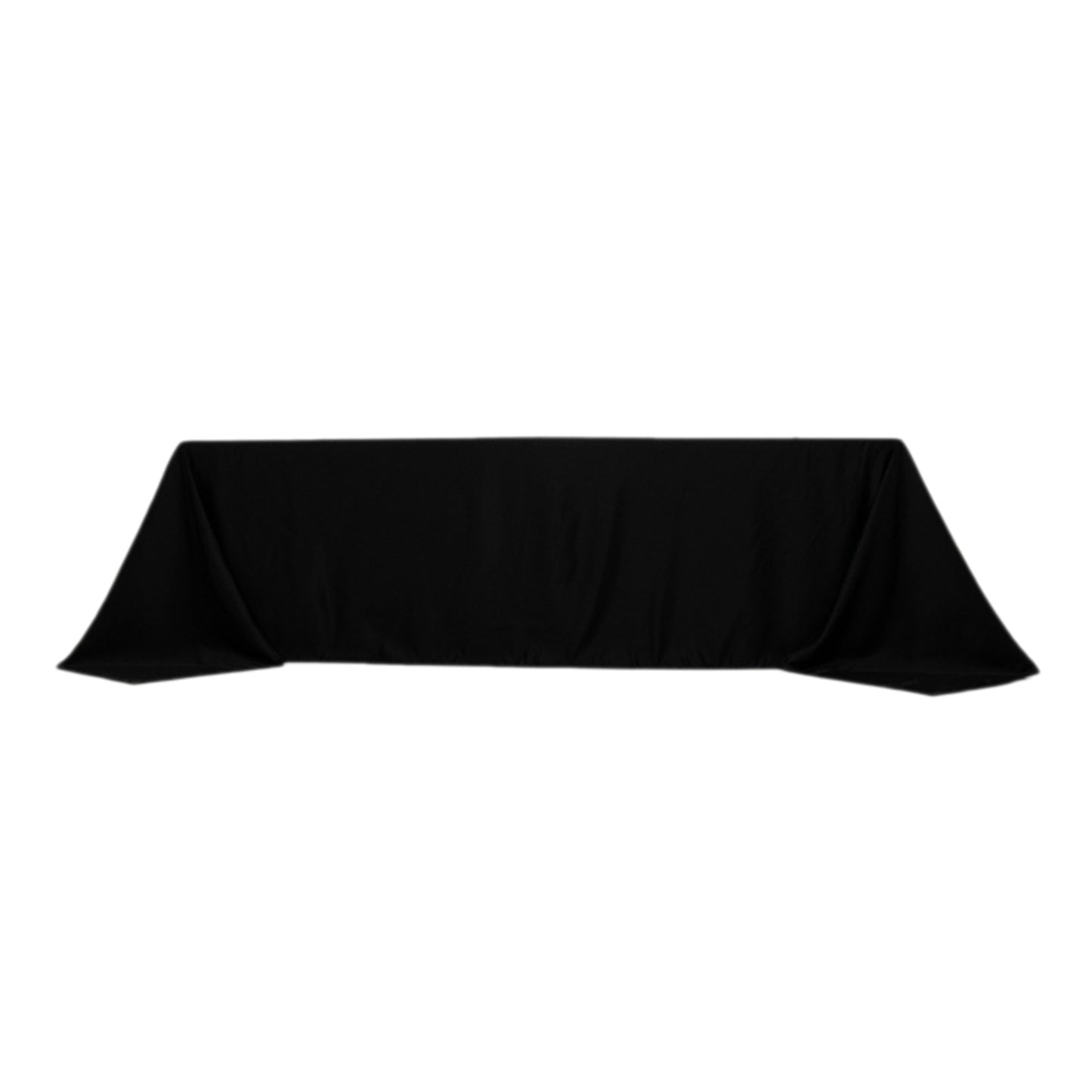 Black satin tablecloth for an 8-foot table with a floor-length drop.