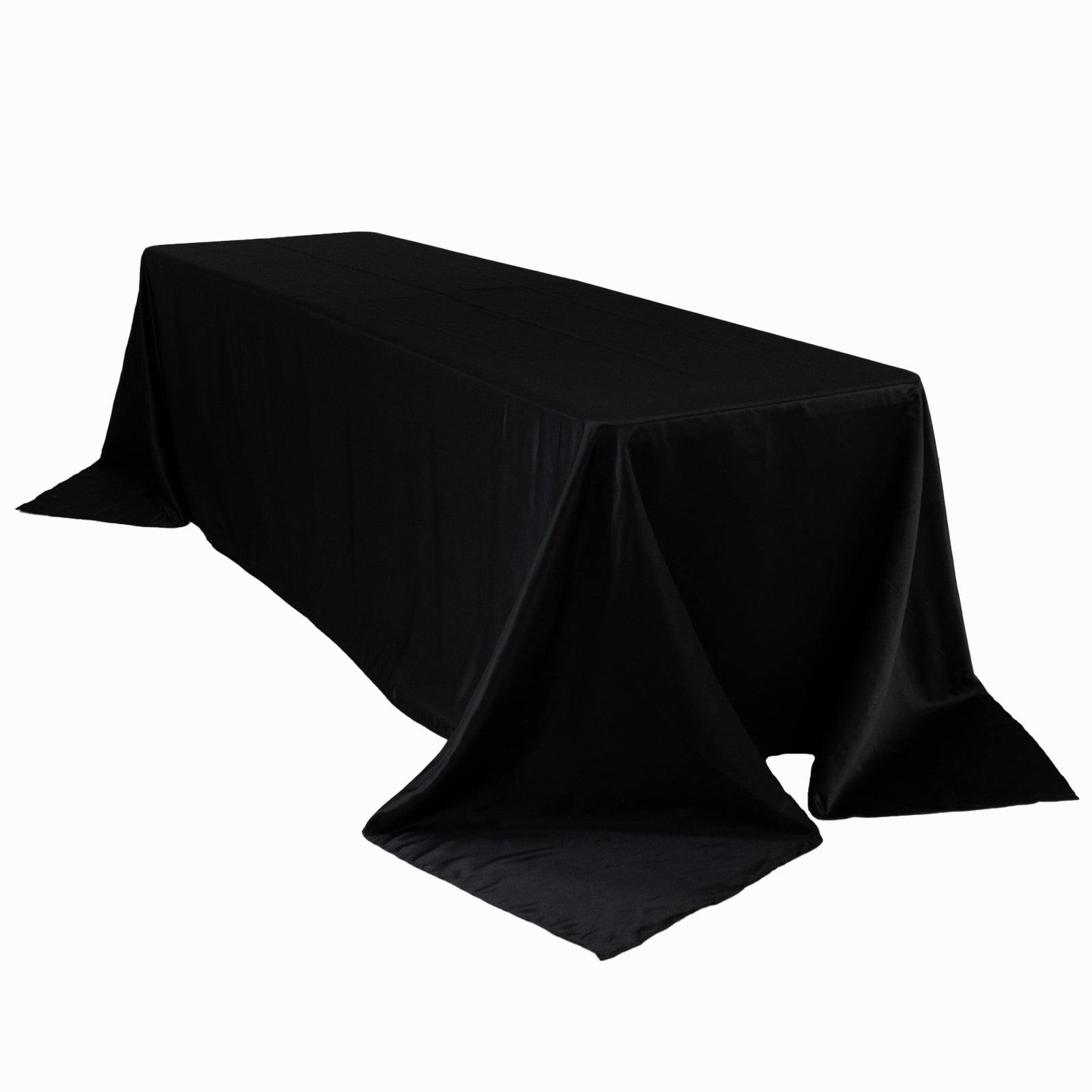 Black satin rectangle tablecloth for 8-foot table with floor-length drop.