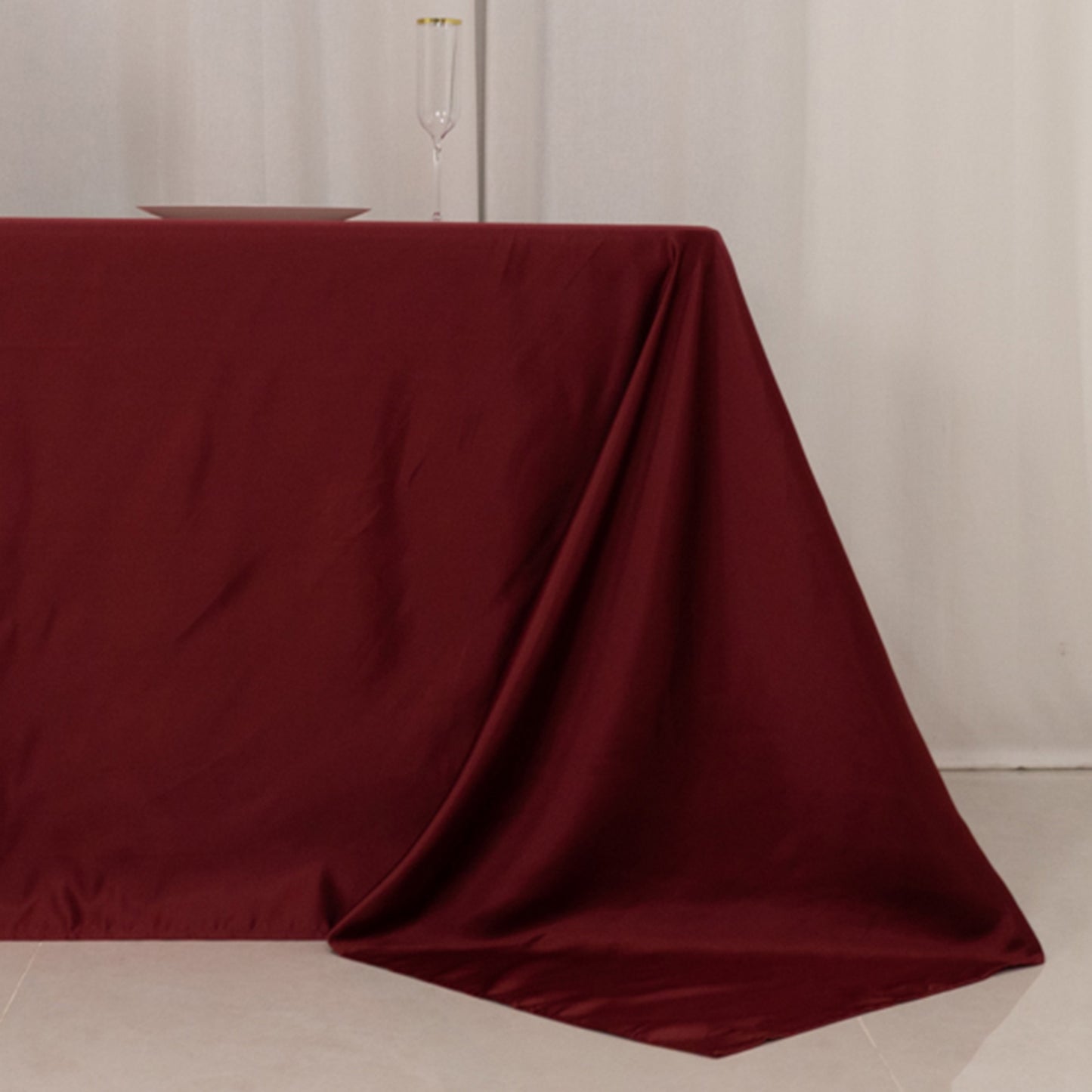 90"x156" Burgundy Seamless Lamour Satin Rectangle Tablecloth for 8 Foot Table With Floor-Length Drop