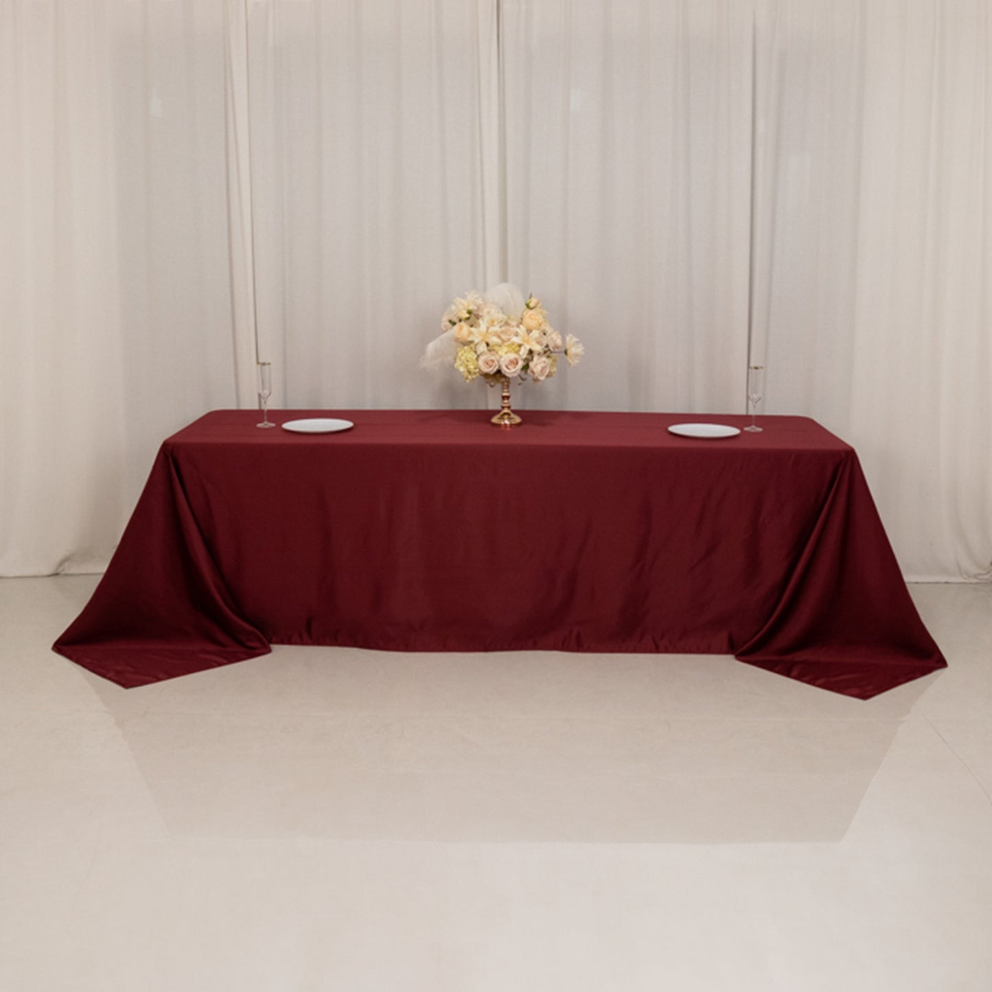 90"x156" Burgundy Seamless Lamour Satin Rectangle Tablecloth for 8 Foot Table With Floor-Length Drop