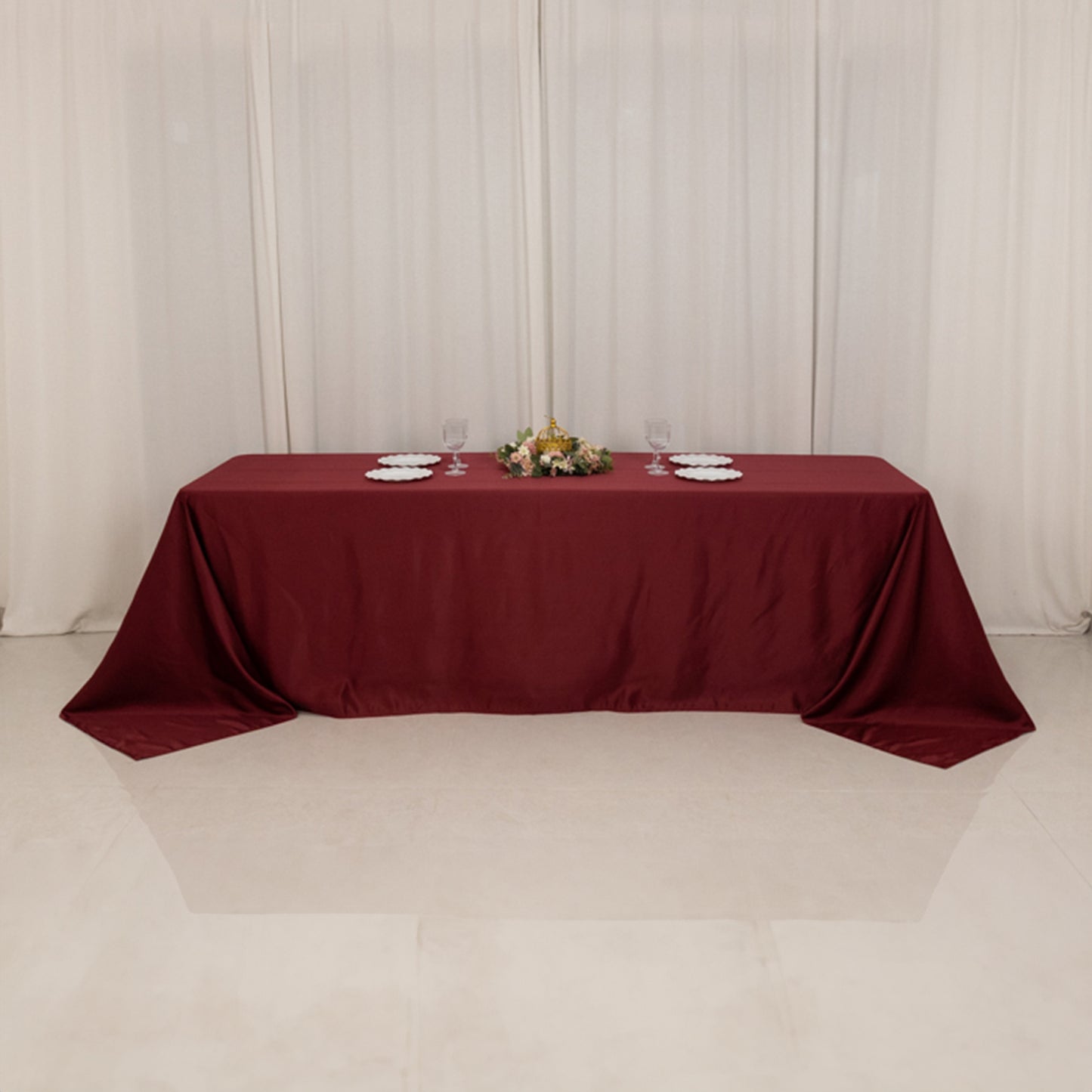 90"x156" Burgundy Seamless Lamour Satin Rectangle Tablecloth for 8 Foot Table With Floor-Length Drop