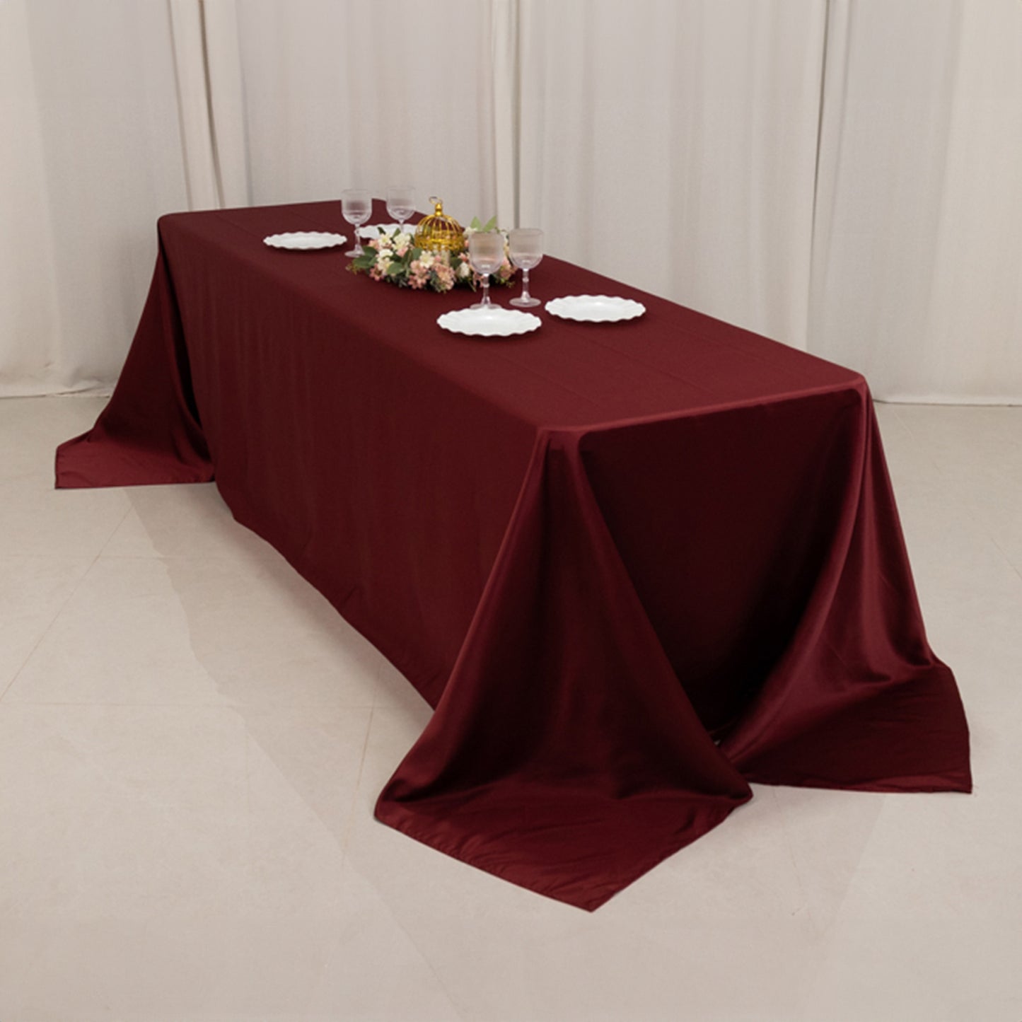 90"x156" Burgundy Seamless Lamour Satin Rectangle Tablecloth for 8 Foot Table With Floor-Length Drop