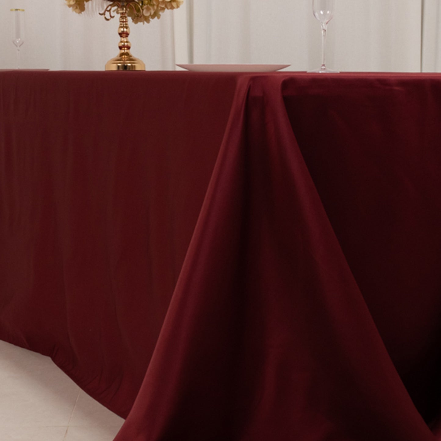 90"x156" Burgundy Seamless Lamour Satin Rectangle Tablecloth for 8 Foot Table With Floor-Length Drop