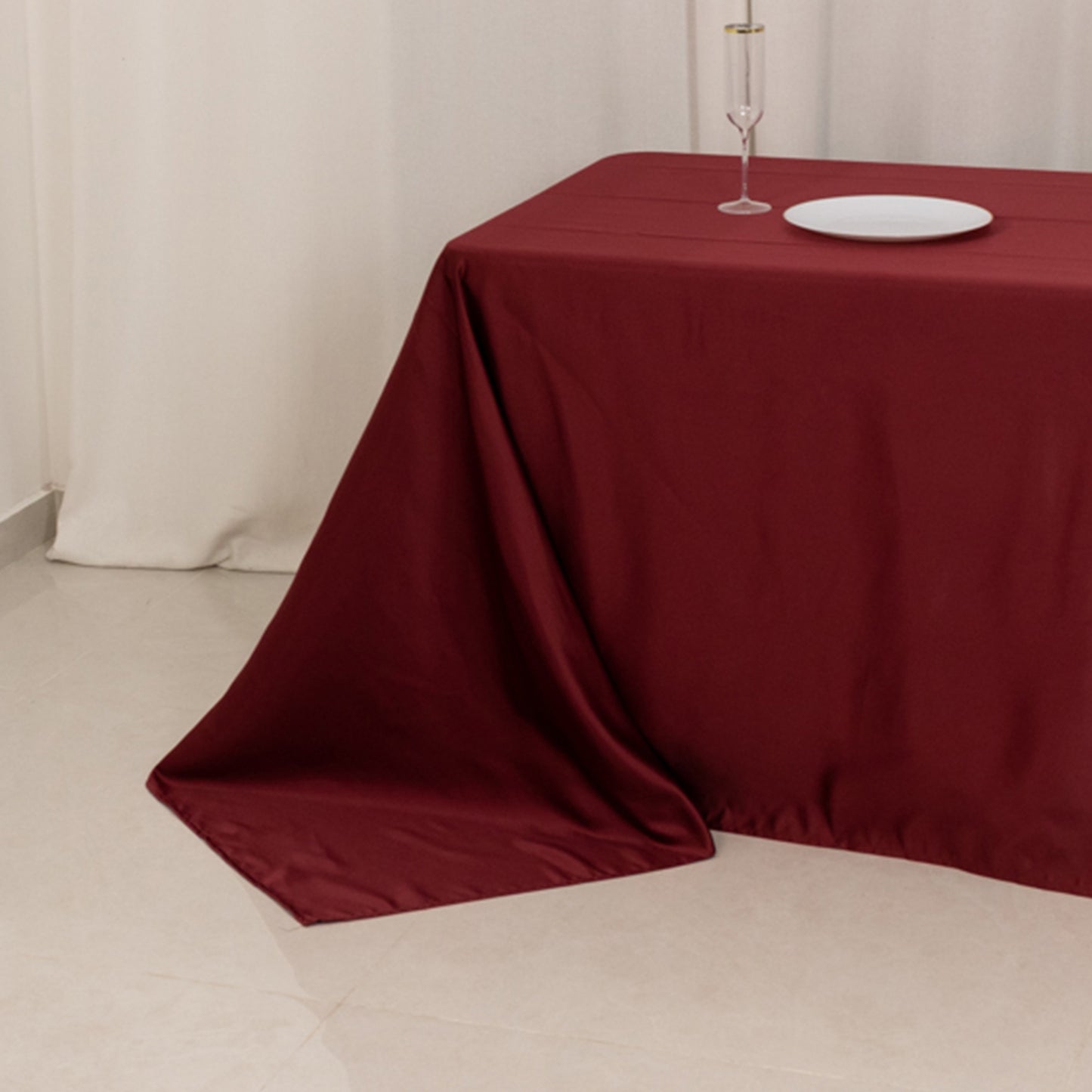 90"x156" Burgundy Seamless Lamour Satin Rectangle Tablecloth for 8 Foot Table With Floor-Length Drop
