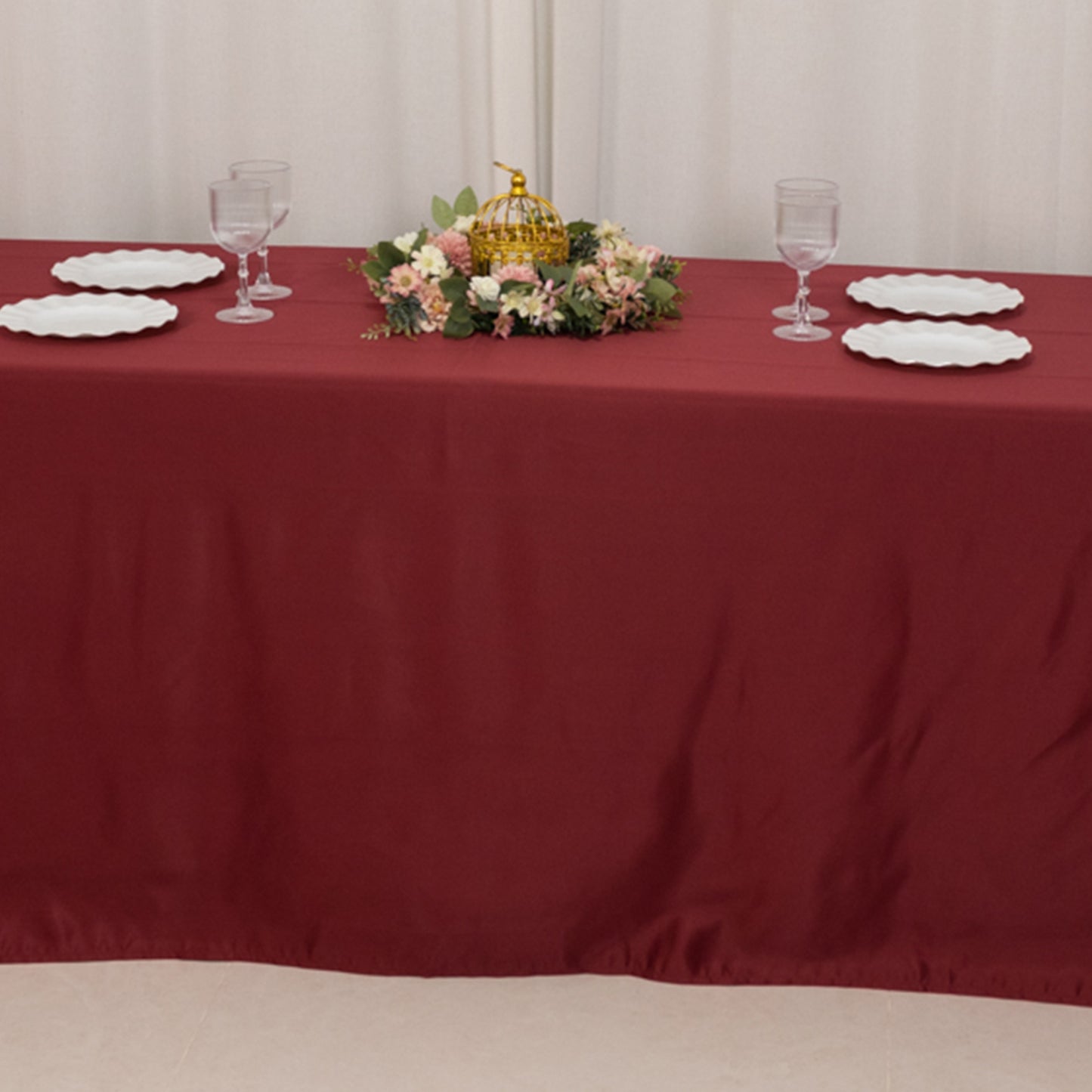 90"x156" Burgundy Seamless Lamour Satin Rectangle Tablecloth for 8 Foot Table With Floor-Length Drop