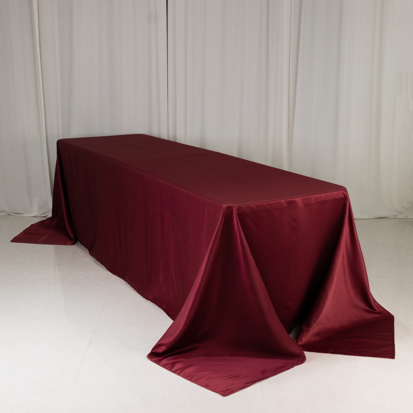 90"x156" Burgundy Seamless Lamour Satin Rectangle Tablecloth for 8 Foot Table With Floor-Length Drop