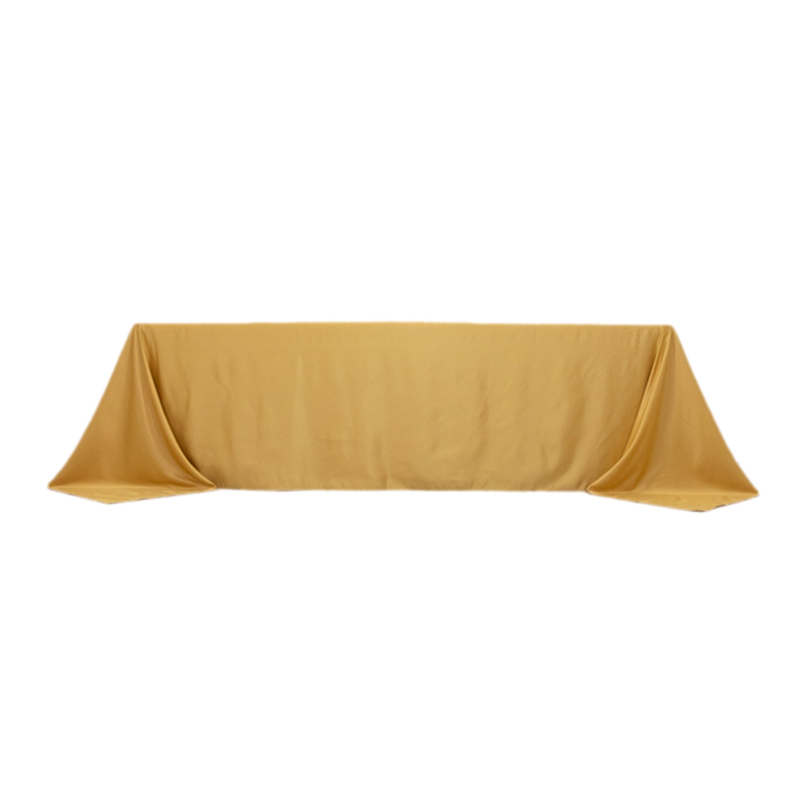 Champagne seamless satin tablecloth for 8 foot table, floor-length drop.