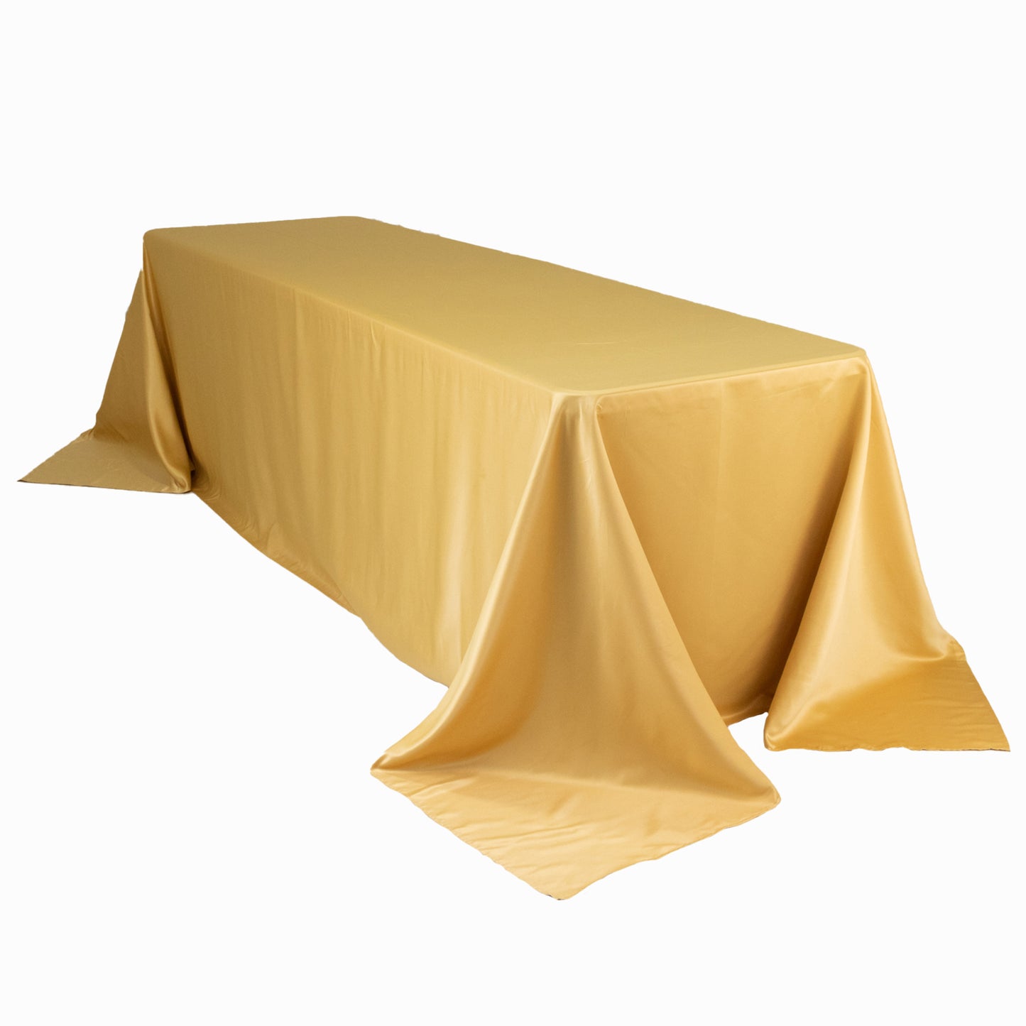 Champagne satin tablecloth for 8-foot table with floor-length drop.