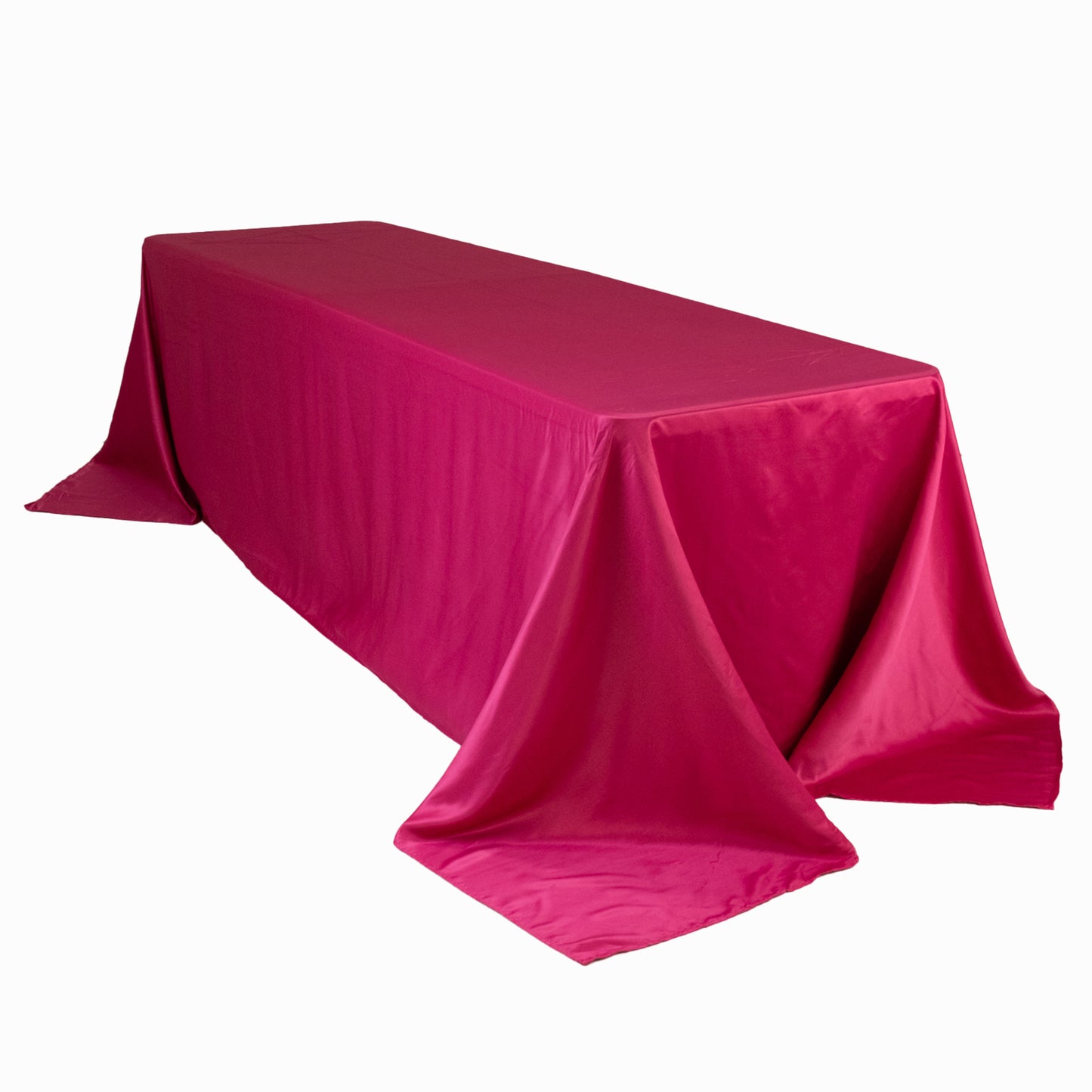 Fuchsia satin tablecloth for 8-foot table with floor-length drop.