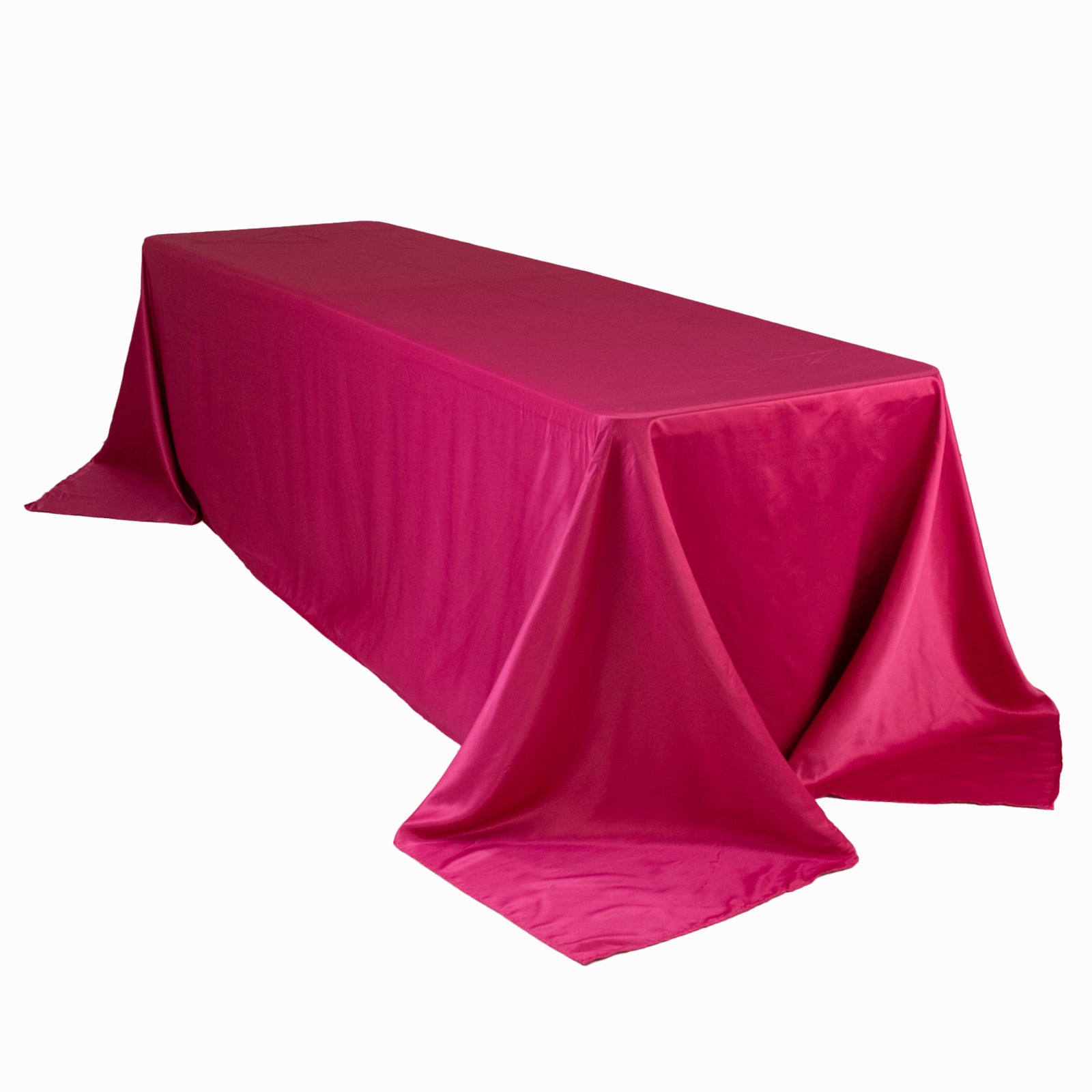 Fuchsia satin tablecloth for 8-foot table with floor-length drop.