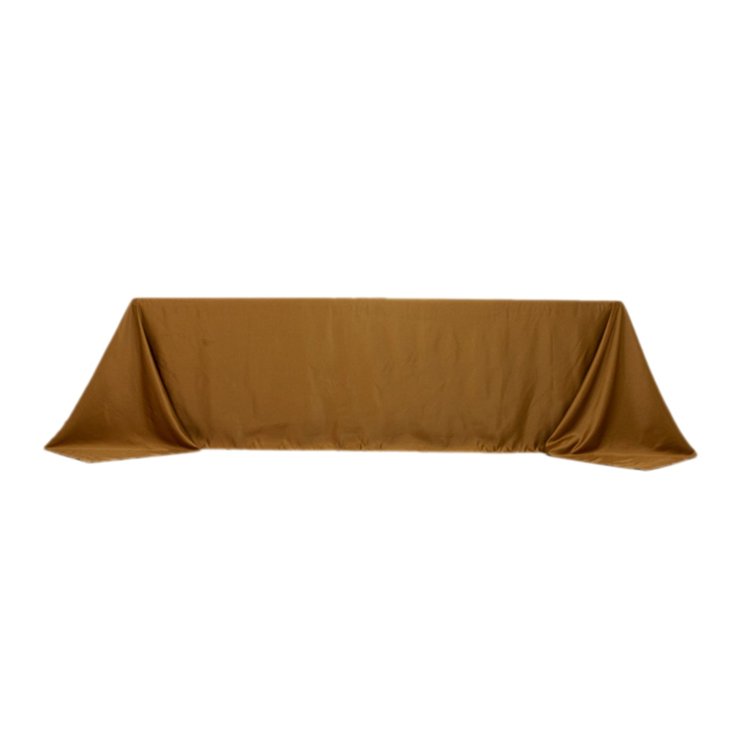 Gold satin tablecloth for 8-foot table with floor-length drop.