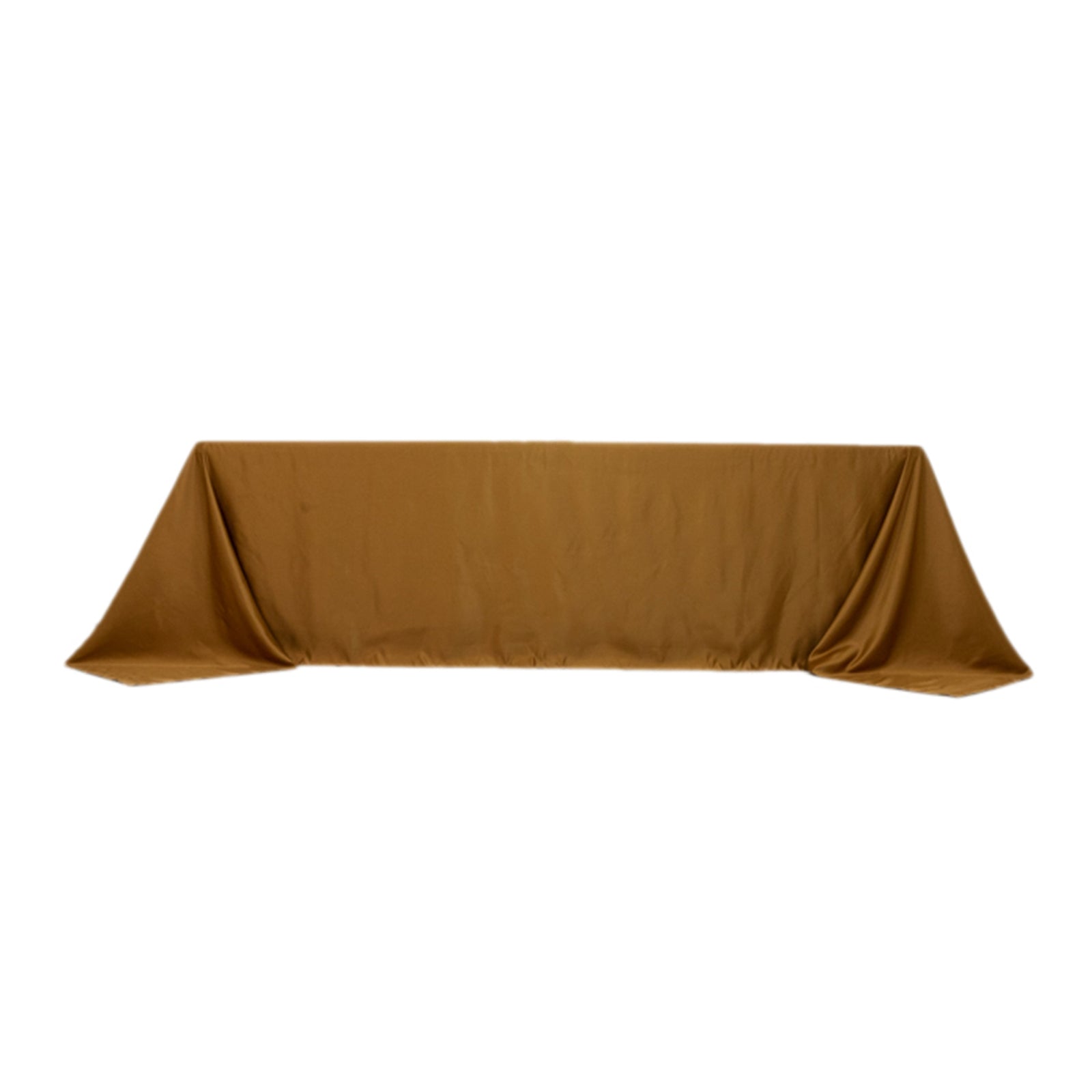 Gold satin tablecloth for 8-foot table with floor-length drop.