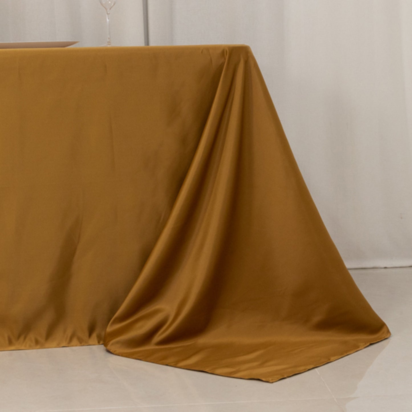 gold satin tablecloth for 8-foot table with floor-length drop
