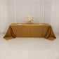 Gold rectangular tablecloth on an 8-foot table with floor-length drop.