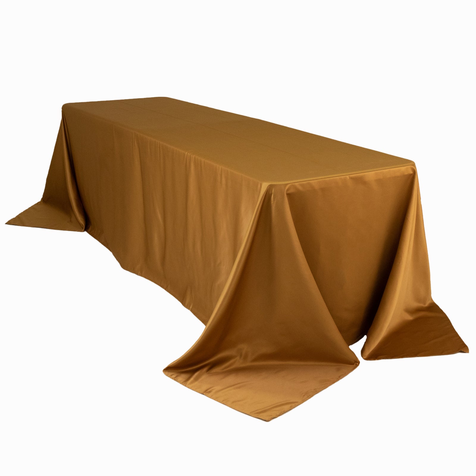Gold satin rectangle tablecloth for 8 foot table with floor-length drop.