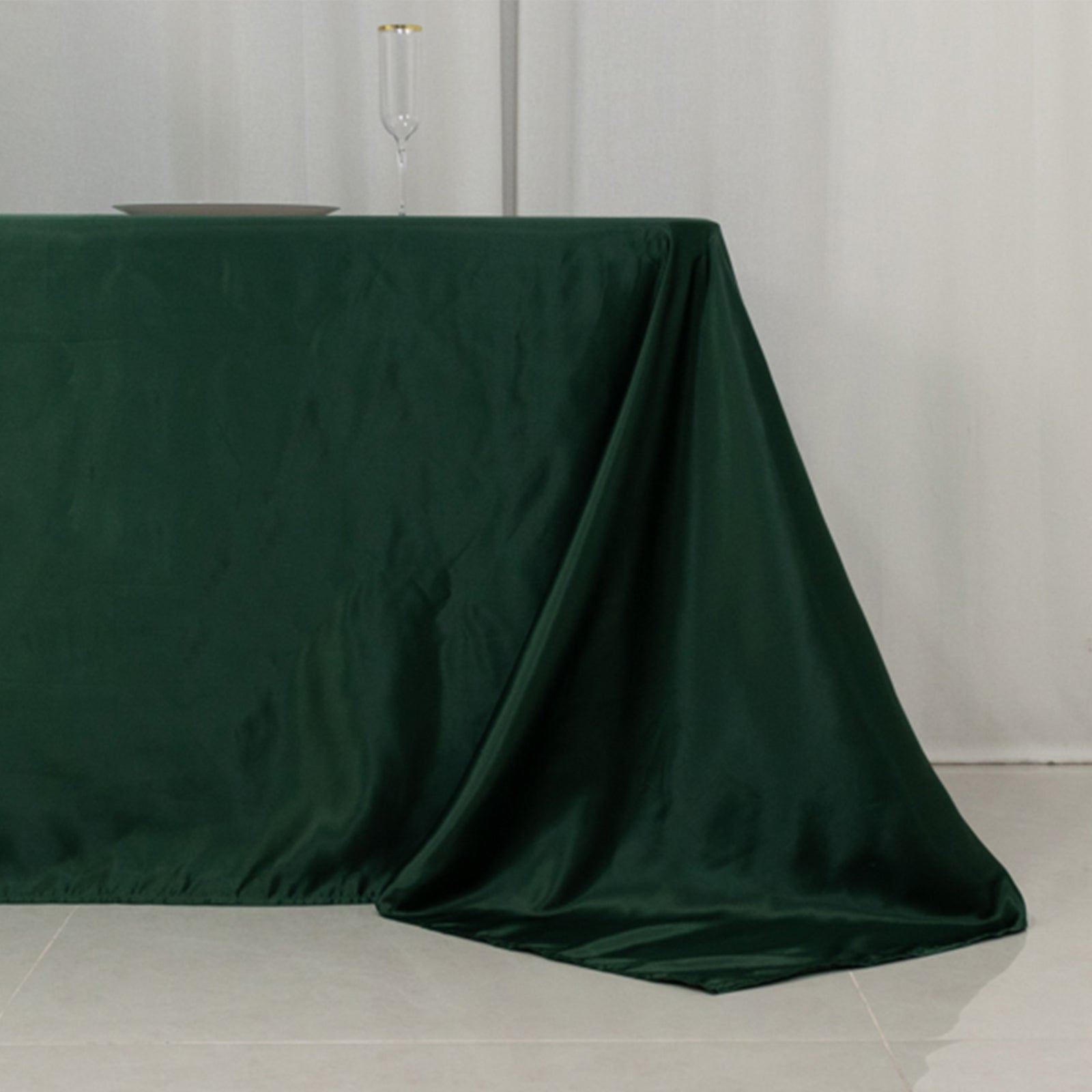 Hunter Emerald Green tablecloth for 8-foot table with floor-length drop.