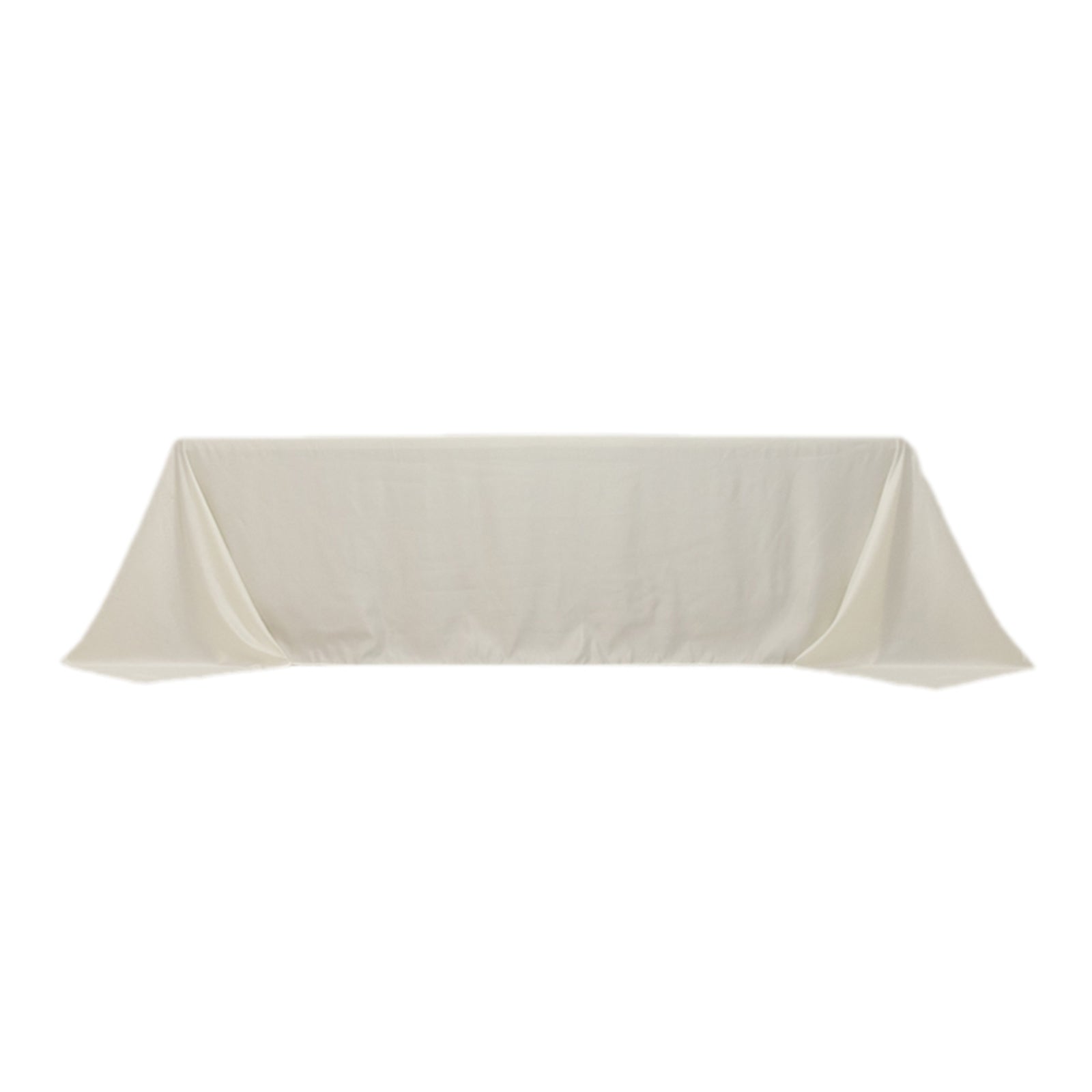 Ivory seamless satin tablecloth for 8-foot table with floor-length drop.