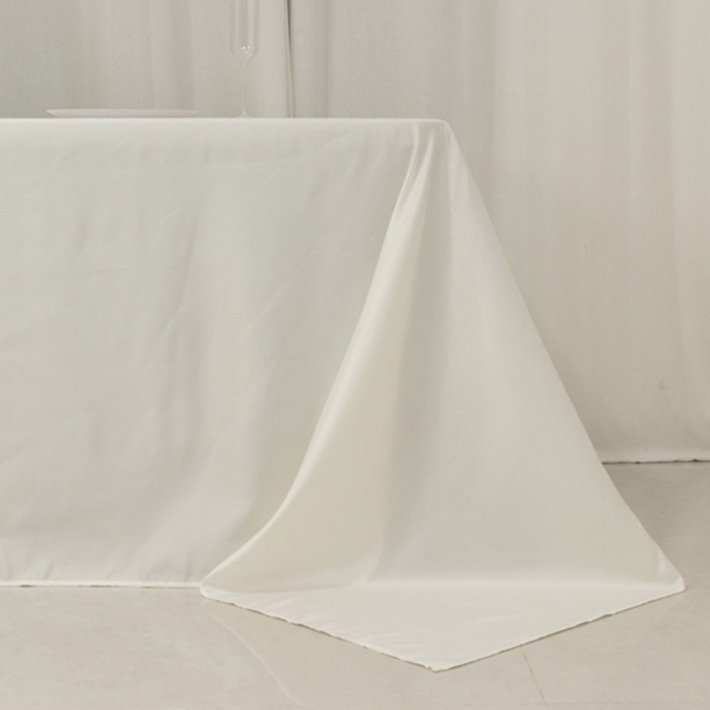 Ivory seamless satin tablecloth for 8-foot table with floor-length drop