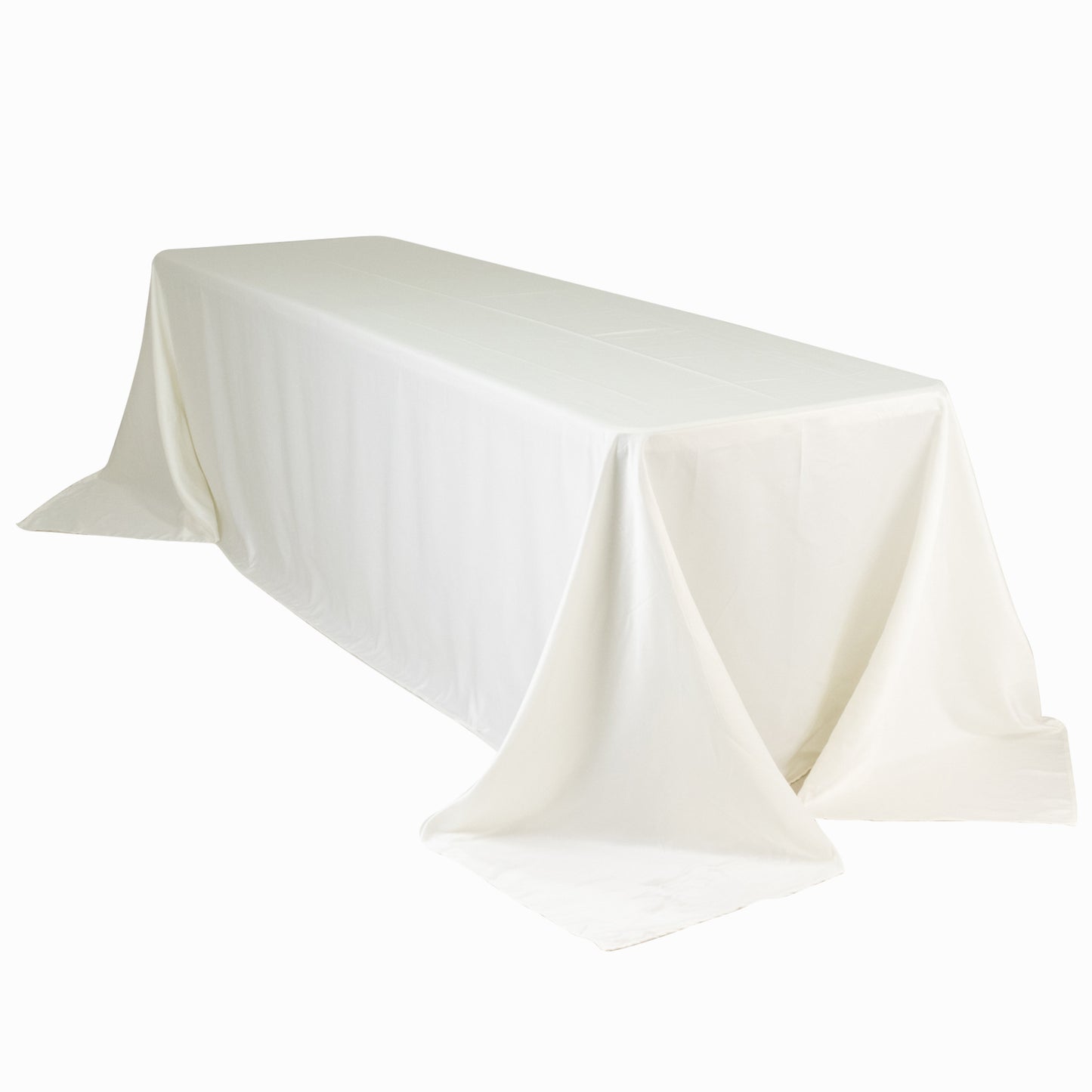 Ivory satin tablecloth for 8-foot table with floor-length drop.