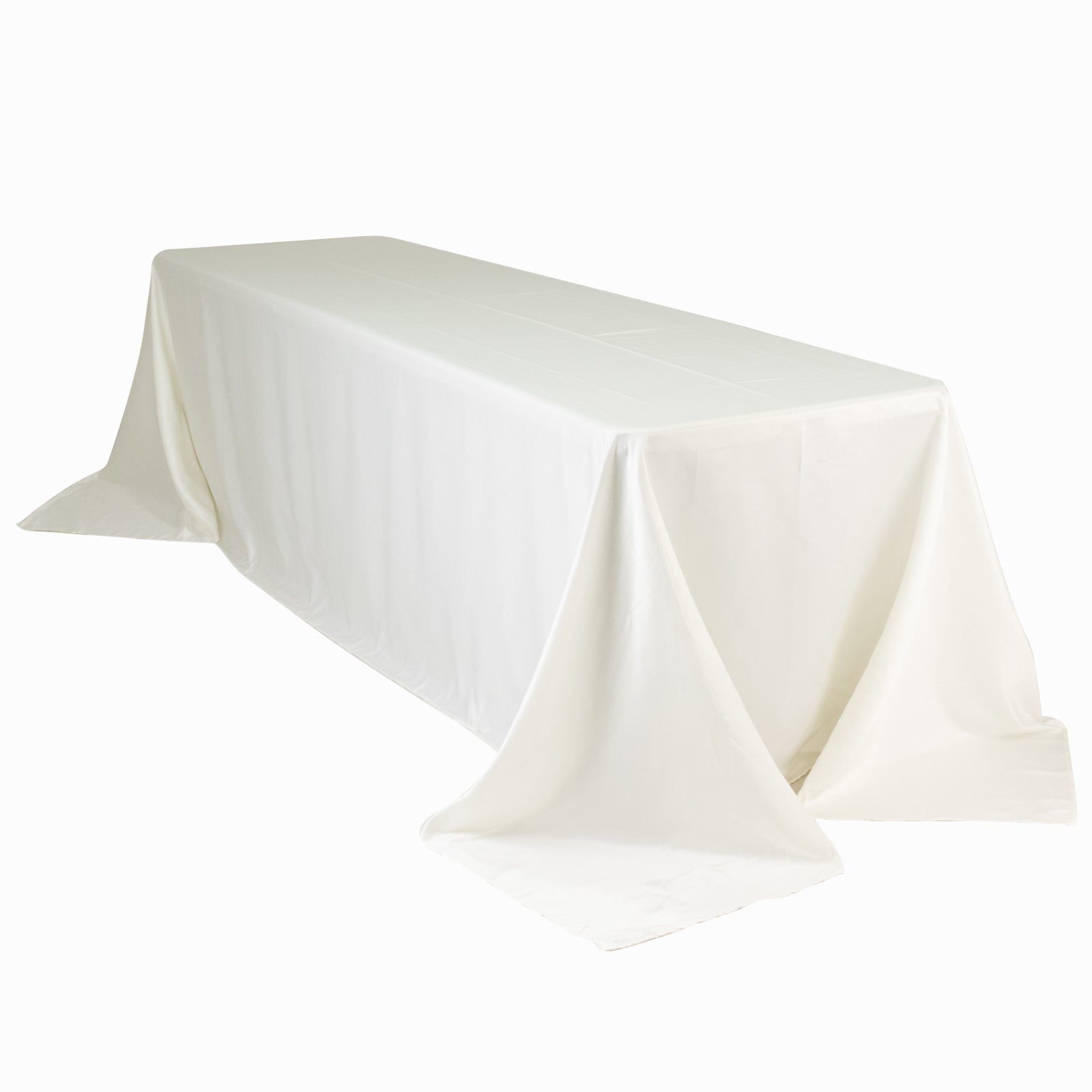 Ivory satin tablecloth for 8-foot table with floor-length drop.