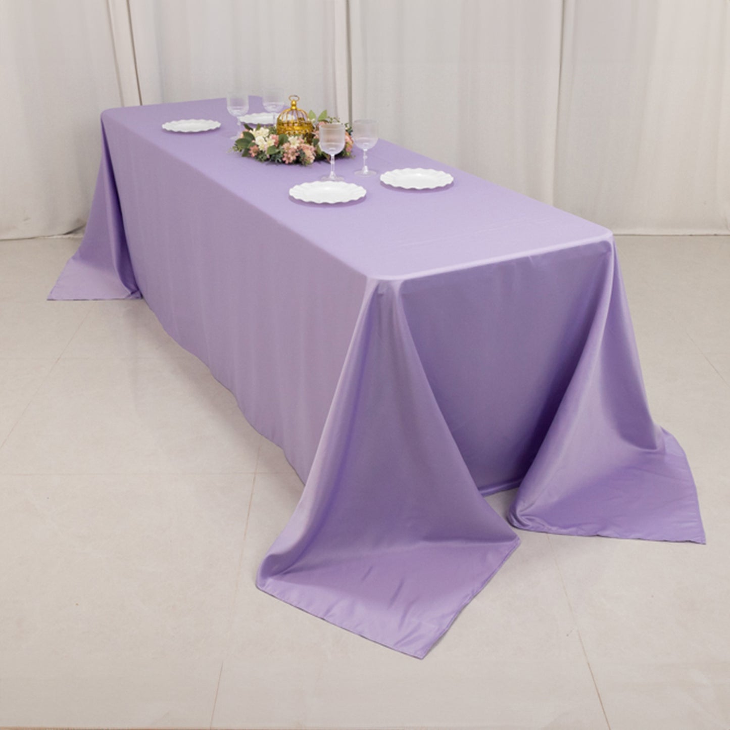 90"x156" Lavender Lilac Seamless Lamour Satin Rectangle Tablecloth for 8 Foot Table With Floor-Length Drop