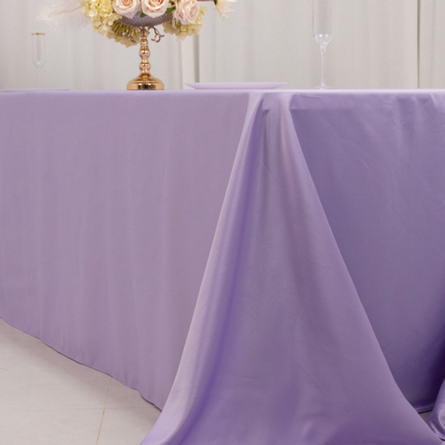 90"x156" Lavender Lilac Seamless Lamour Satin Rectangle Tablecloth for 8 Foot Table With Floor-Length Drop