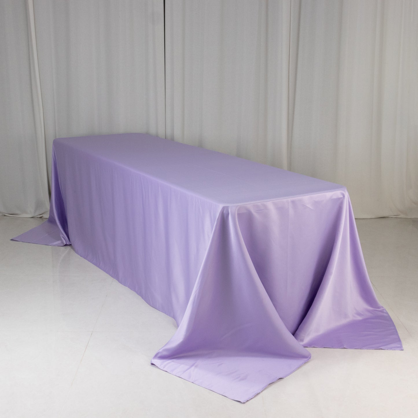 90"x156" Lavender Lilac Seamless Lamour Satin Rectangle Tablecloth for 8 Foot Table With Floor-Length Drop