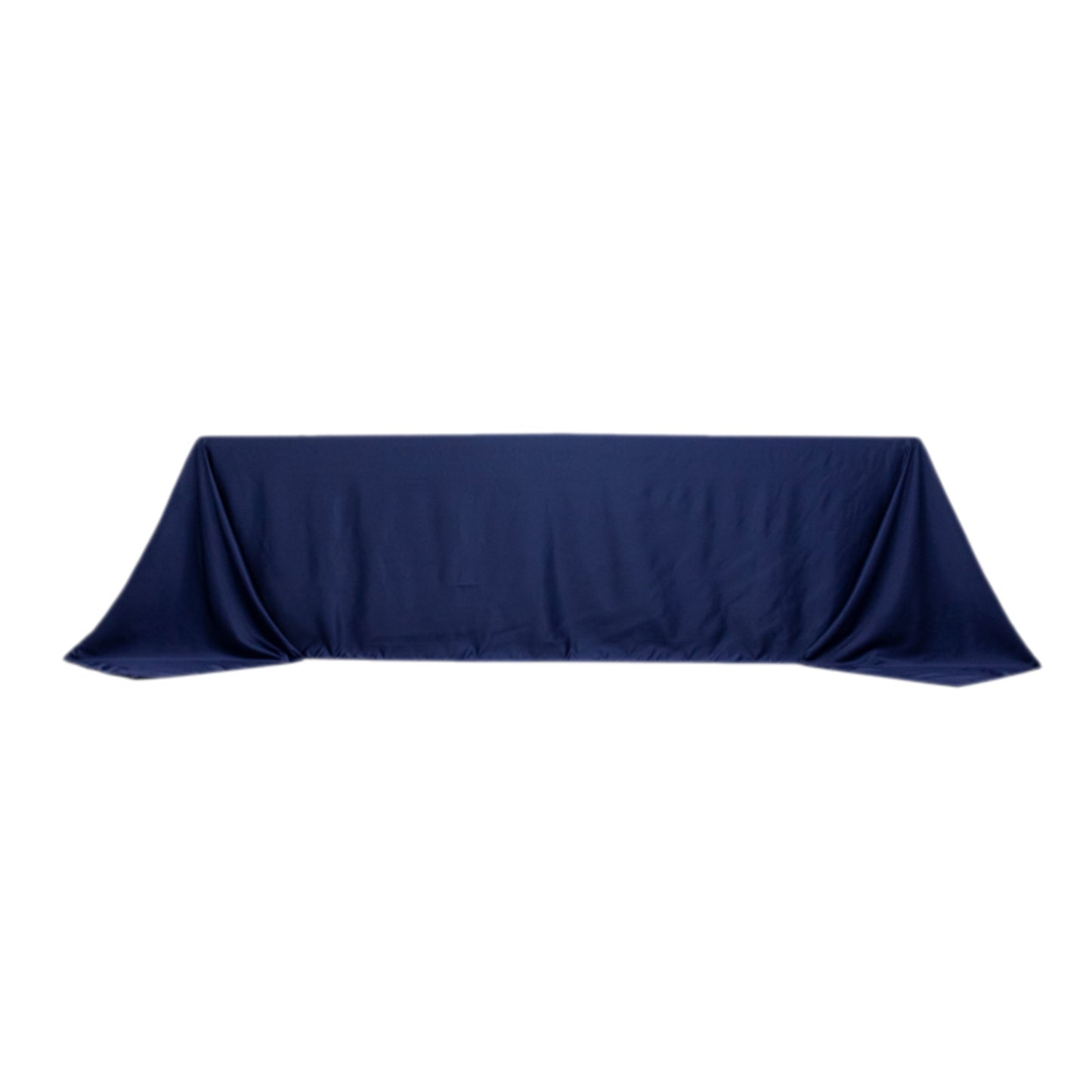 Navy blue seamless satin tablecloth for 8-foot table with floor-length drop.