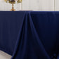 Navy blue seamless satin tablecloth for 8-foot table with floor-length drop.
