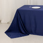 Navy blue seamless satin tablecloth for 8-foot table with floor-length drop.