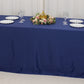 Navy blue seamless satin tablecloth for 8-foot table with floor-length drop.
