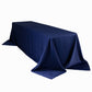 Navy blue seamless satin tablecloth for 8-foot table with floor-length drop.