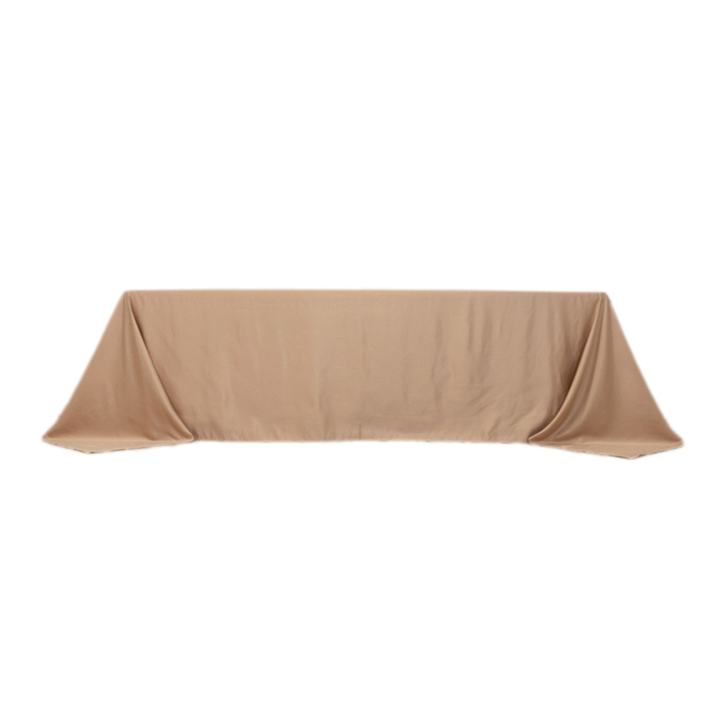 Nude satin rectangle tablecloth for 8-foot table with floor-length drop.