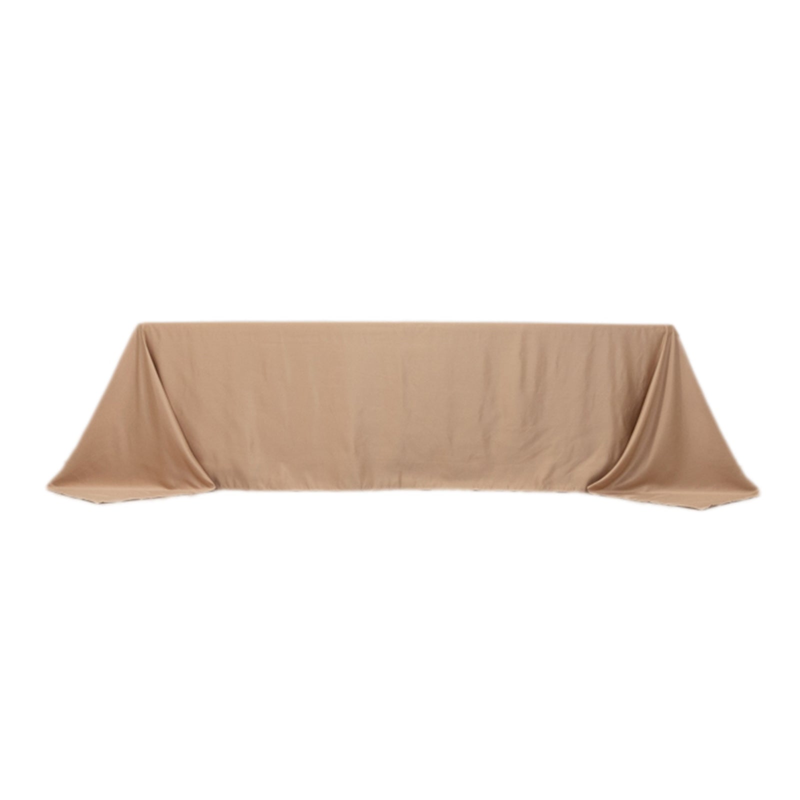 Nude satin rectangle tablecloth for 8-foot table with floor-length drop.