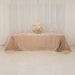 Nude seamless satin tablecloth for 8-foot table with floor-length drop.