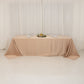 Nude seamless satin tablecloth for 8-foot table with floor-length drop.