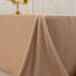 Nude satin tablecloth for 8-foot table with floor-length drop.