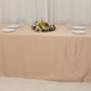 Nude seamless satin tablecloth for 8-foot table with floor-length drop.
