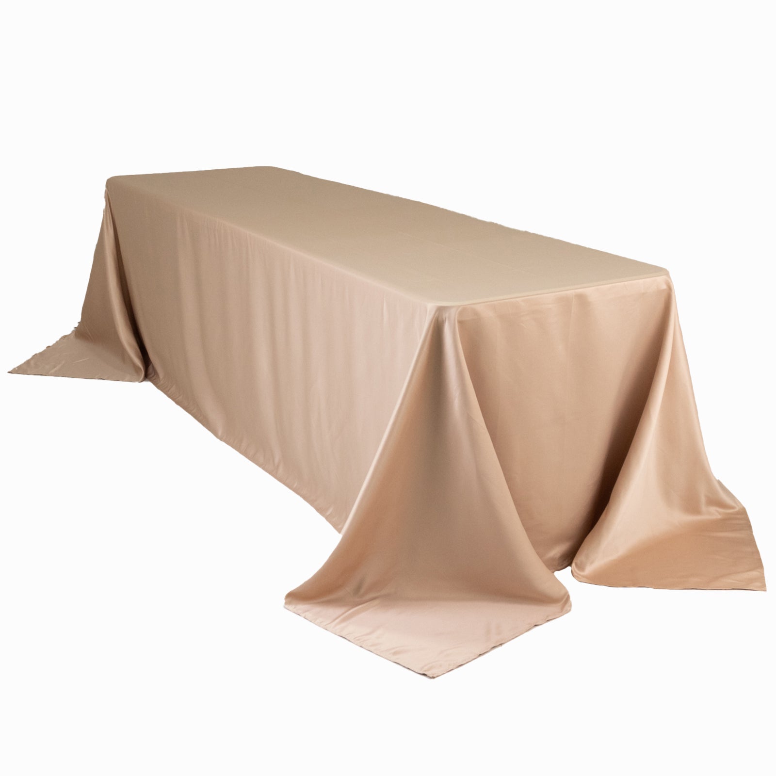 Nude seamless satin tablecloth for 8-foot table with floor-length drop.