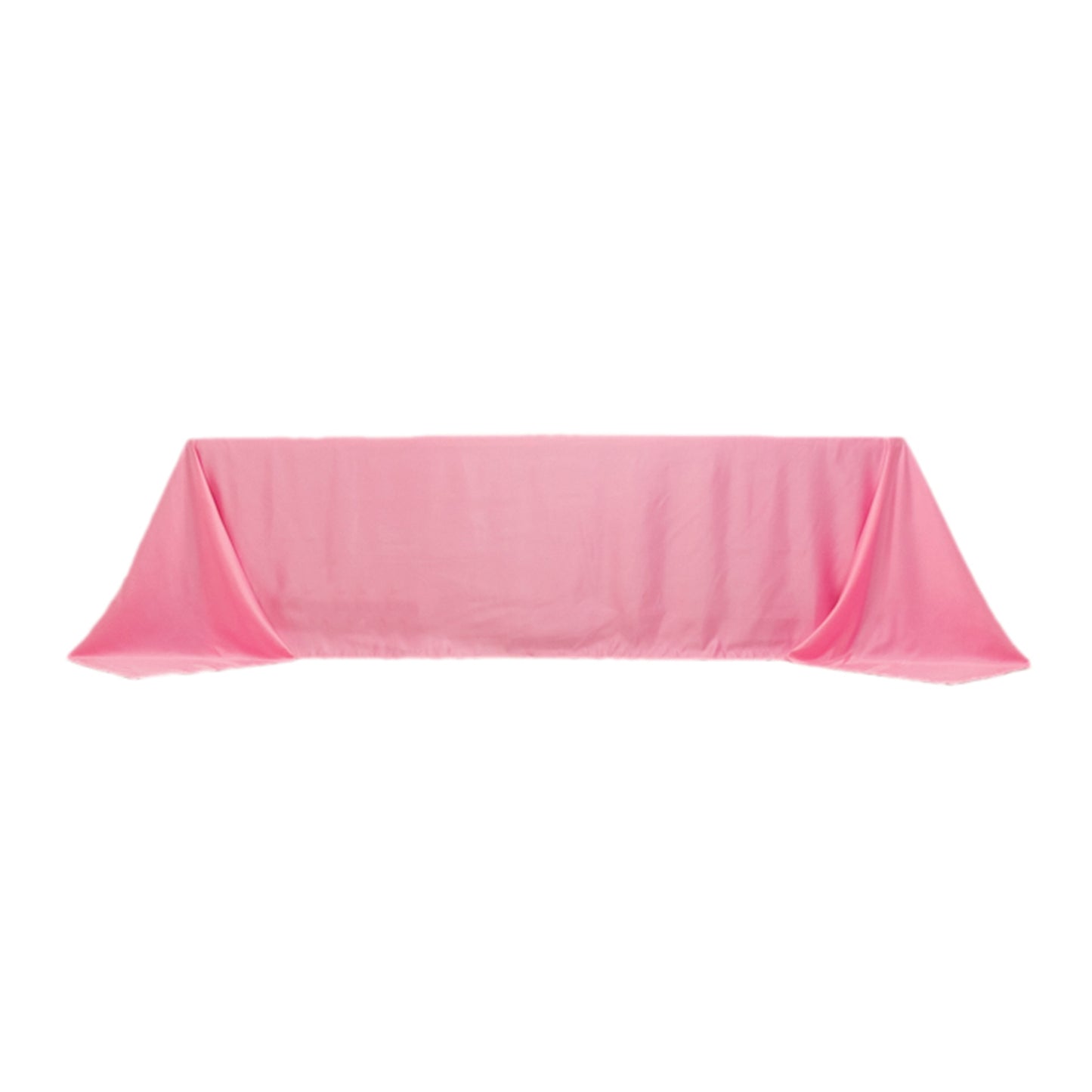 Pink satin tablecloth for 8-foot table with floor-length drop.