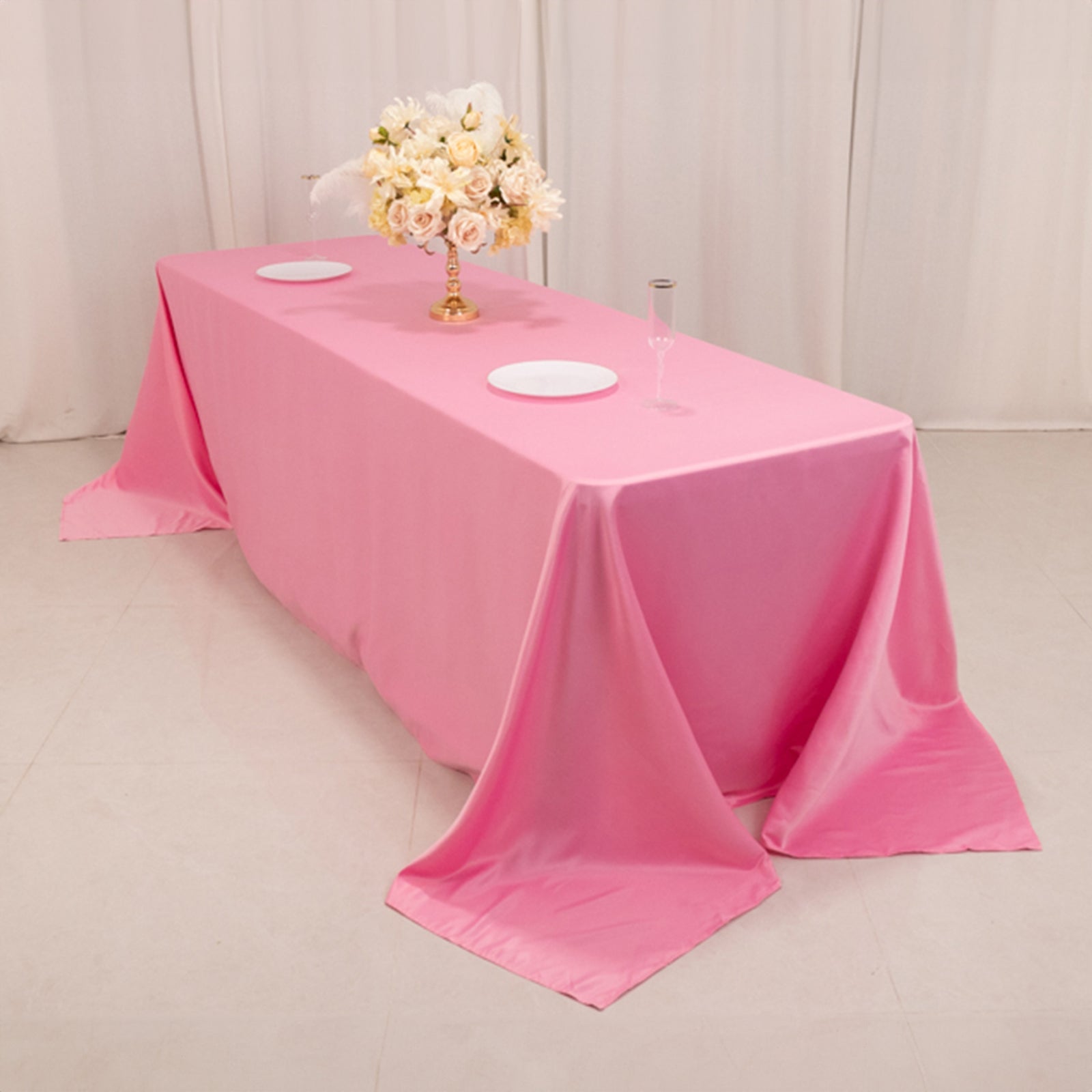 90"x156" pink seamless satin tablecloth for an 8-foot table.